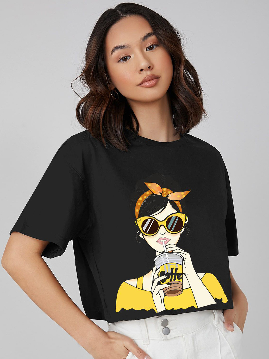 AAHWAN Printed Drop-Shoulder Sleeves Crop T-shirt