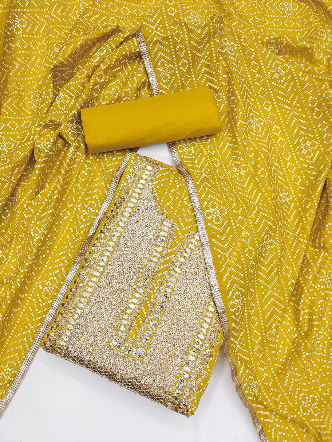 LeeliPeeri Designer Bandhnai Printed Gotta Patti Chanderi Silk Unstitched Dress Material