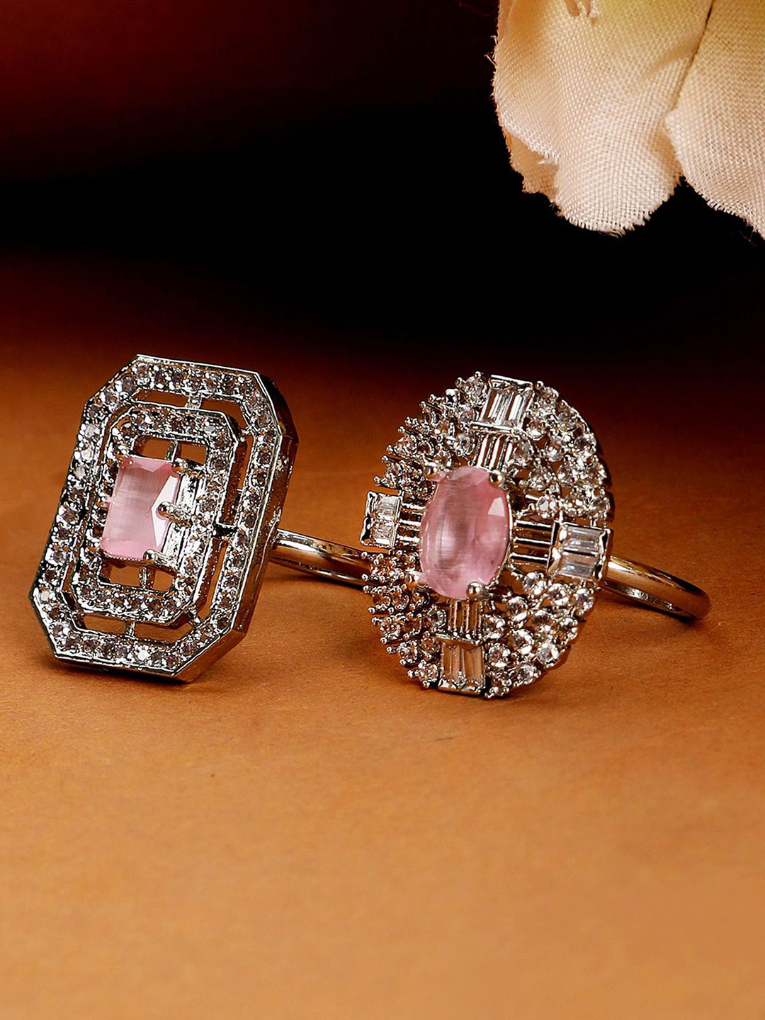 Opal Touch Set Of 2 Rhodium-Plated Cubic Zirconia Studded Adjustable Finger Ring