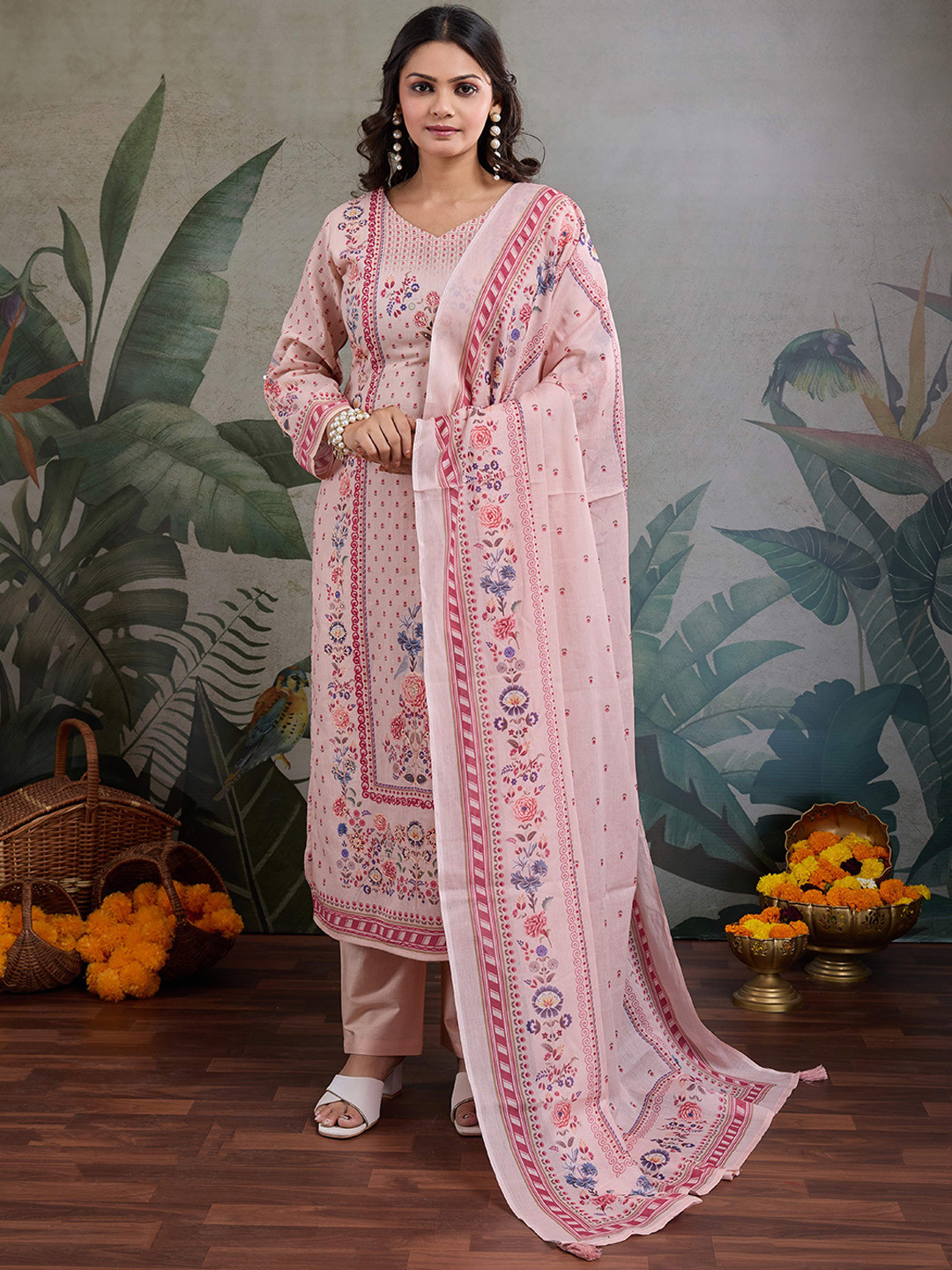 IOLY Women Floral Embroidered Regular Beads and Stones Pure Cotton Kurta with Pyjamas & With Dupatta