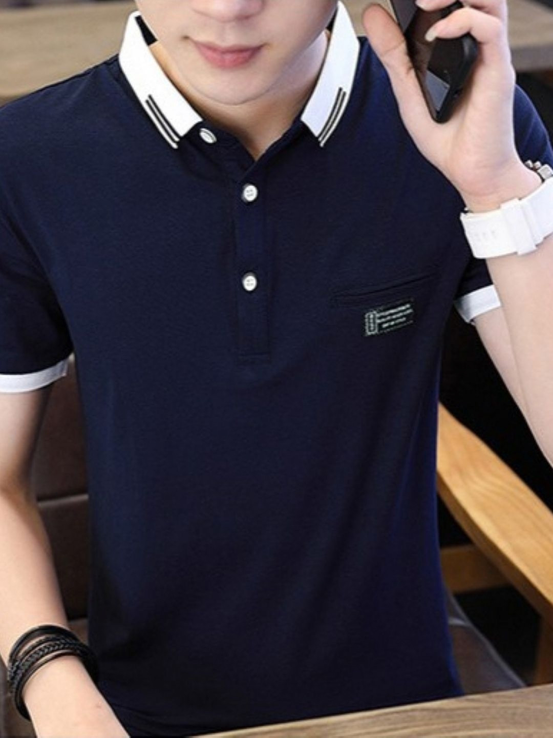 StyleCast Navy Blue & White Polo Collar Cotton T-shirt