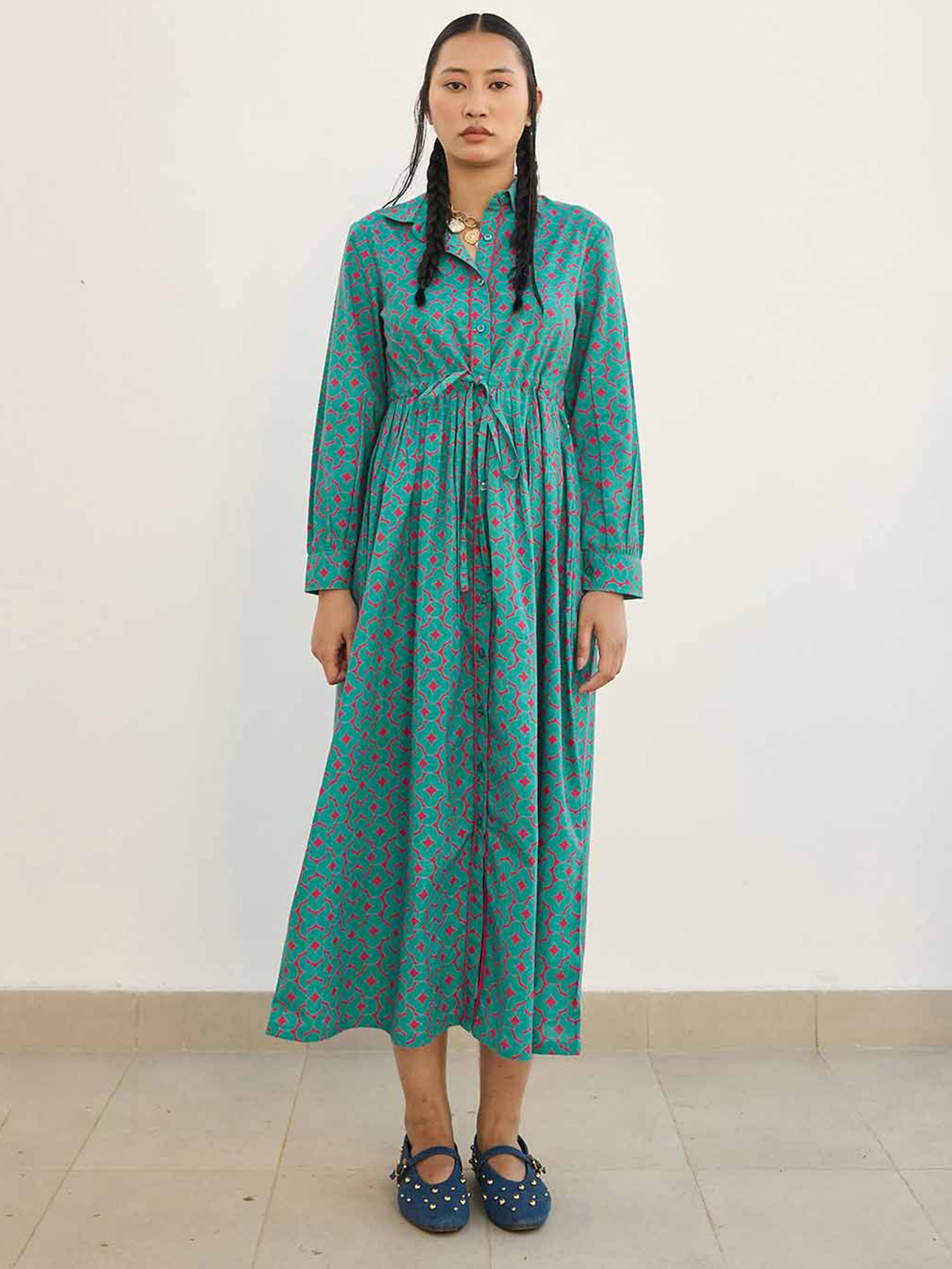 Prakriti Jaipur Women Red Green Geometric Midi Dress