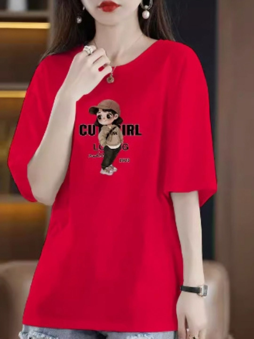 StyleCast Red & Black Graphic Printed Oversized T-shirt