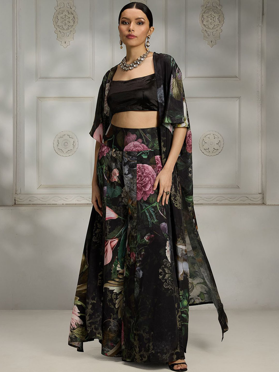 Rivaar By Rocky Star Printed Boat Neck Top Shrug With Palazzos Co-Ords Set