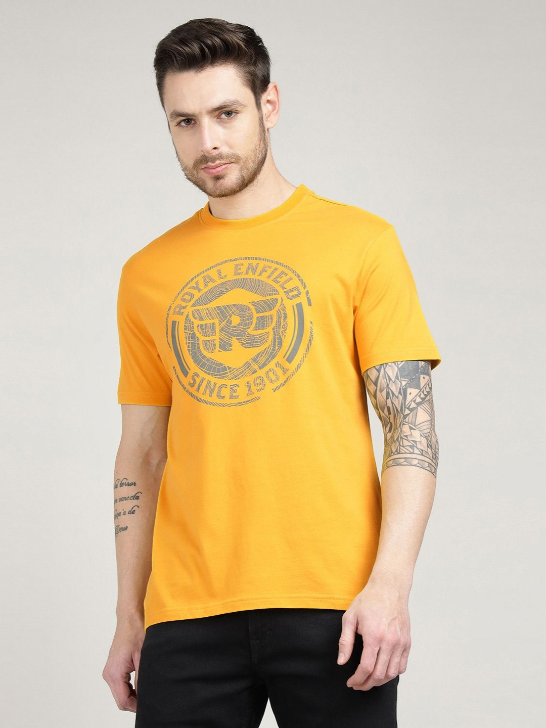 Royal Enfield Textured Re Stamp Brand Logo Printed Pure Cotton T-Shirt