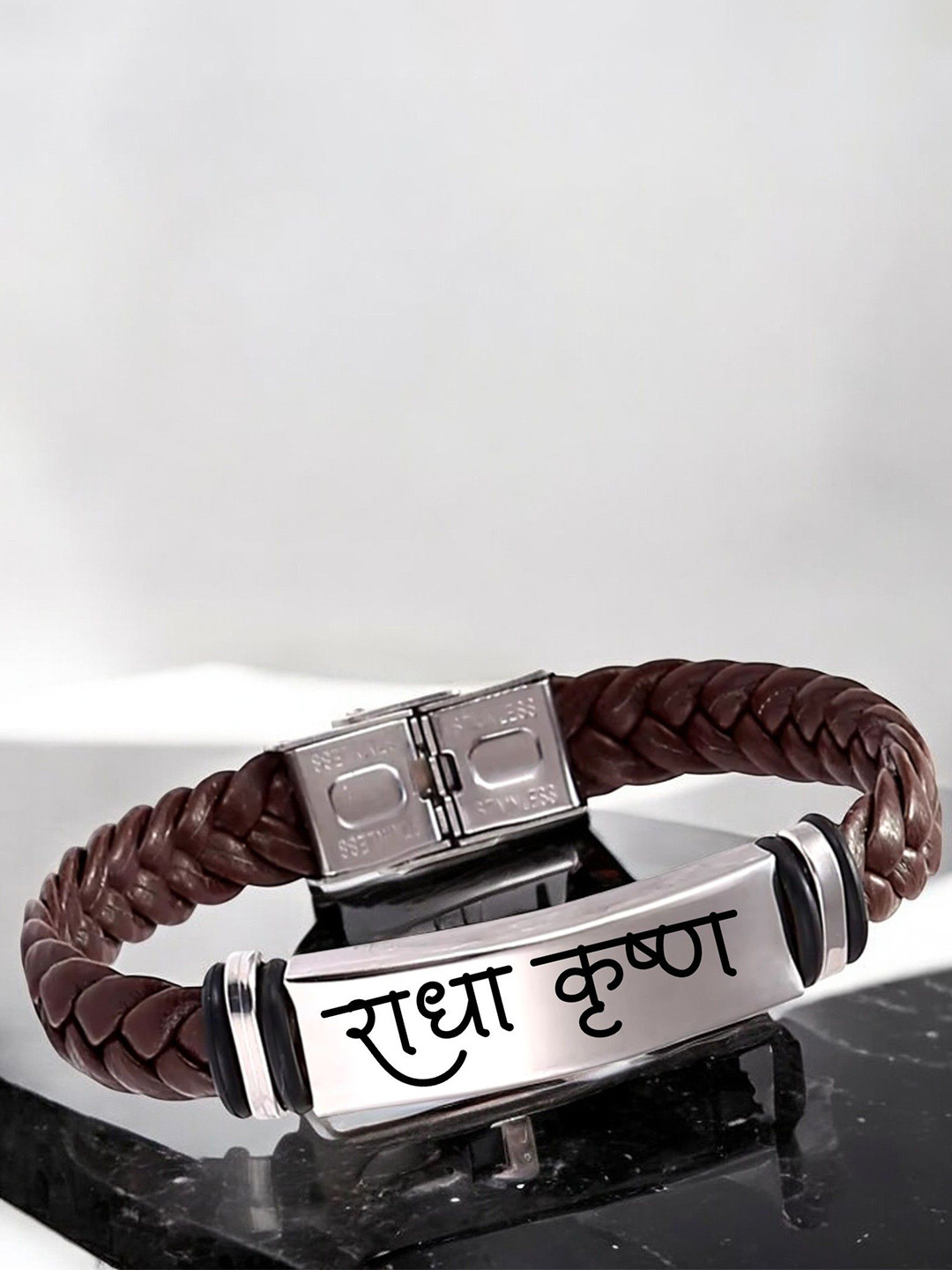 M Men Style Men Leather Silver-Plated Wraparound Shri Krishna Braided Bracelet