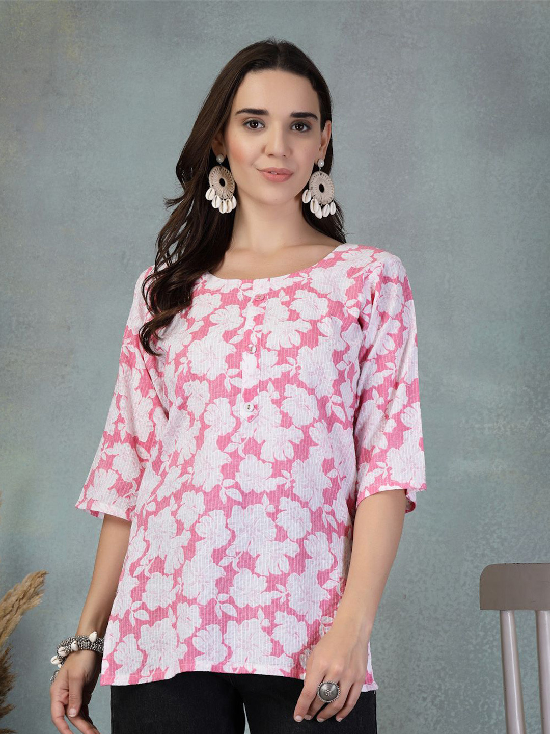 Shine N Sober Floral Printed Kantha Work Pure Cotton Kantha Work Kurti