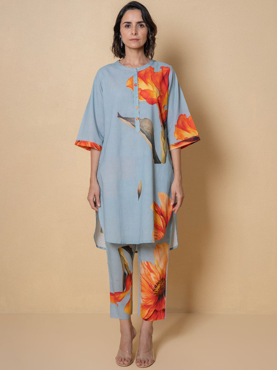 Kameez by Pooja Kejriwal Powder Floral Digital Printed Pure Cotton Tunic With Trouser