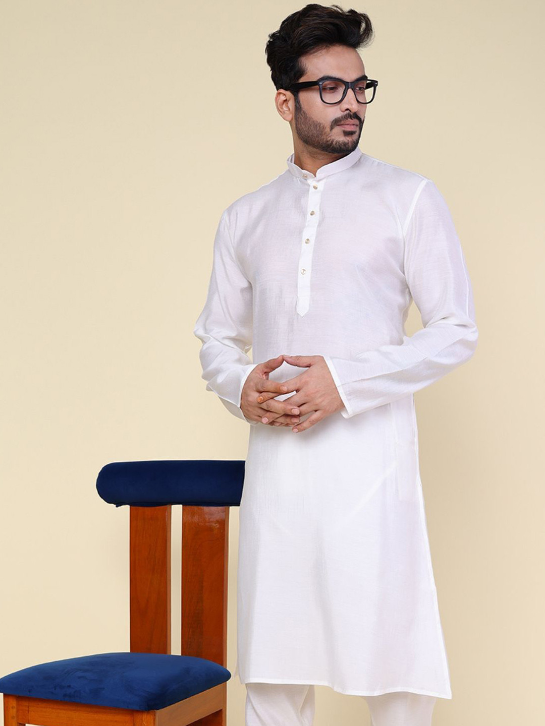 W & G Cotton Silk Mandarin Collar Straight Long Kurta