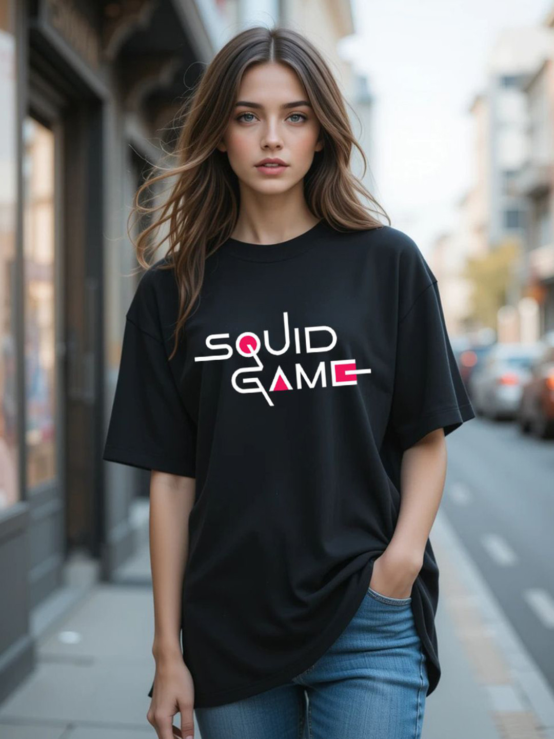 CLAFOUTIS Squid Game Typography Printed Drop-Shoulder Sleeves Cotton Oversized T-shirt