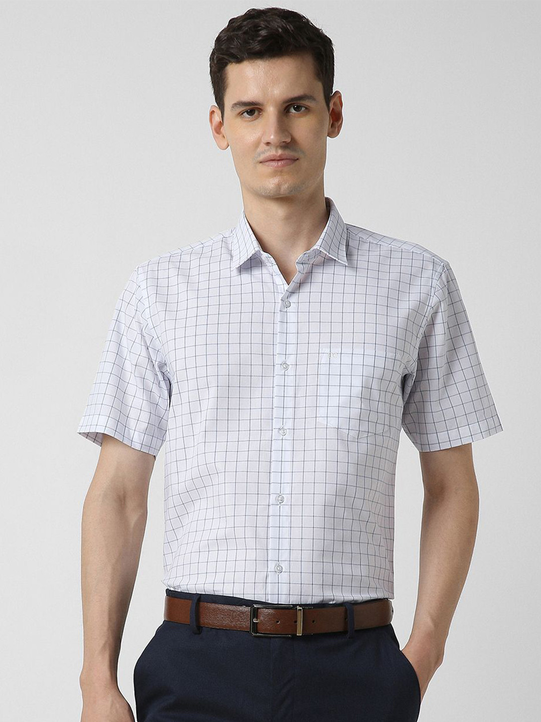 Peter England Grid Tattersall Checks Checked Spread Collar Half Sleeves Formal Shirt