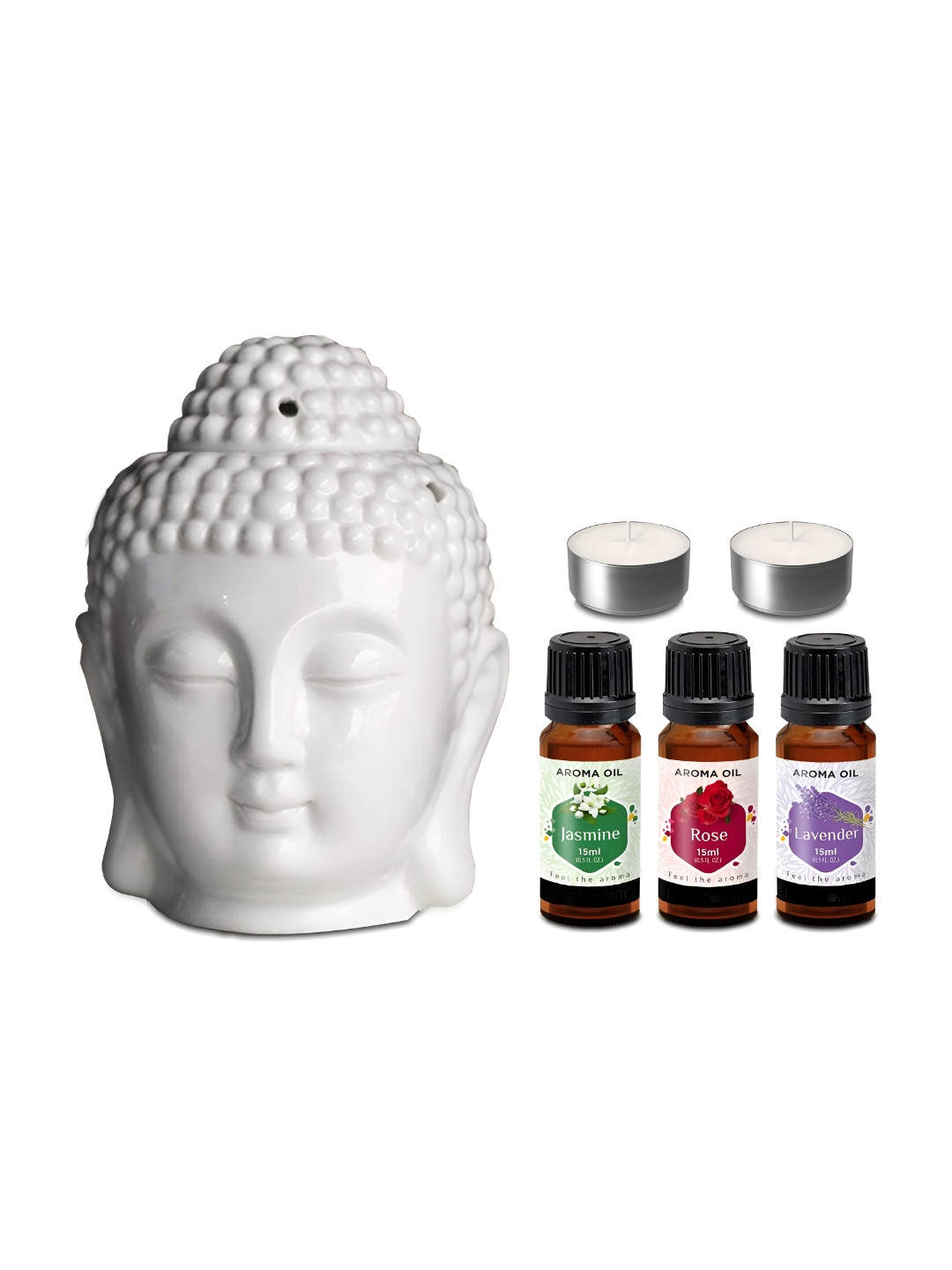 PEEPALCOMM 5Pcs White T-Light Buddha Candle & Oils Aroma oil Diffusers