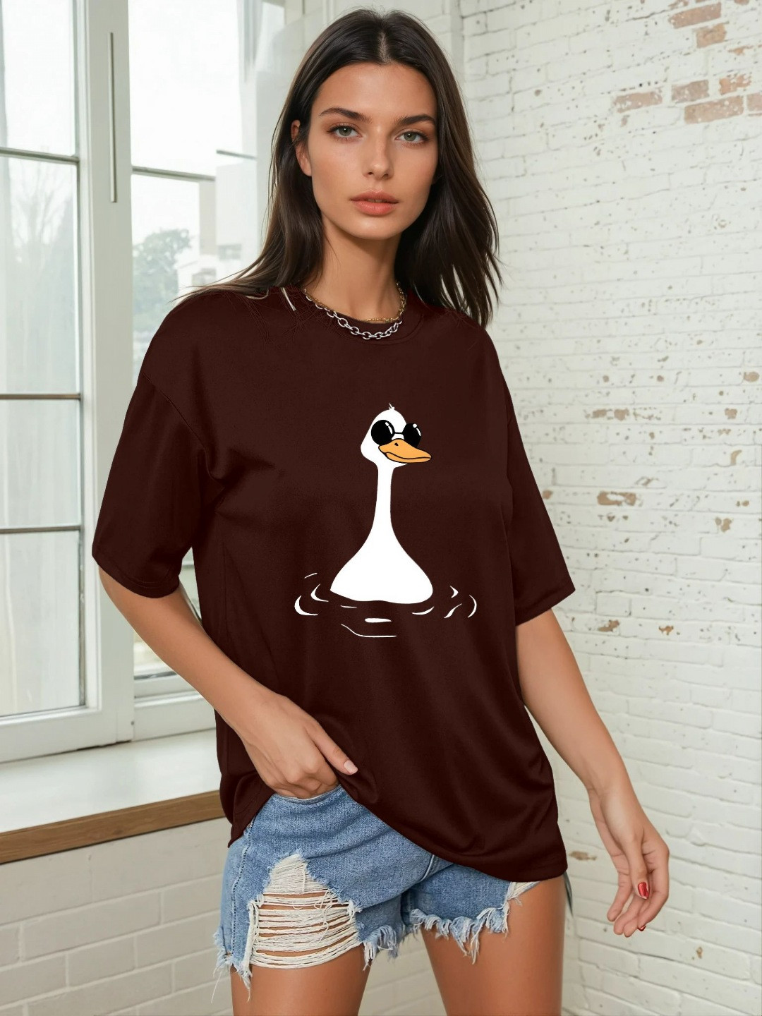 AAHWAN Duck Printed Drop-Shoulder Sleeves T-shirt