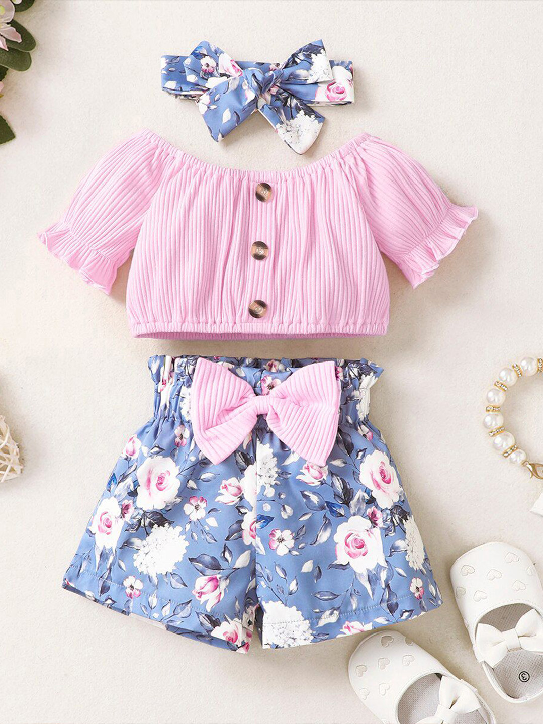 FAVORITE STORE Girls Off-Shoulder Neck Top With Shorts & Headband