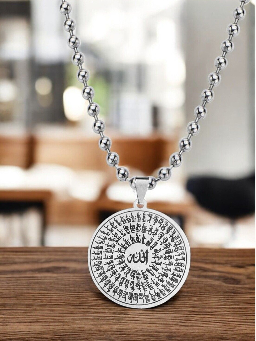 M Men Style Men Stainless Steel Silver-Plated Beautiful Asma ul Husna Circular Pendant