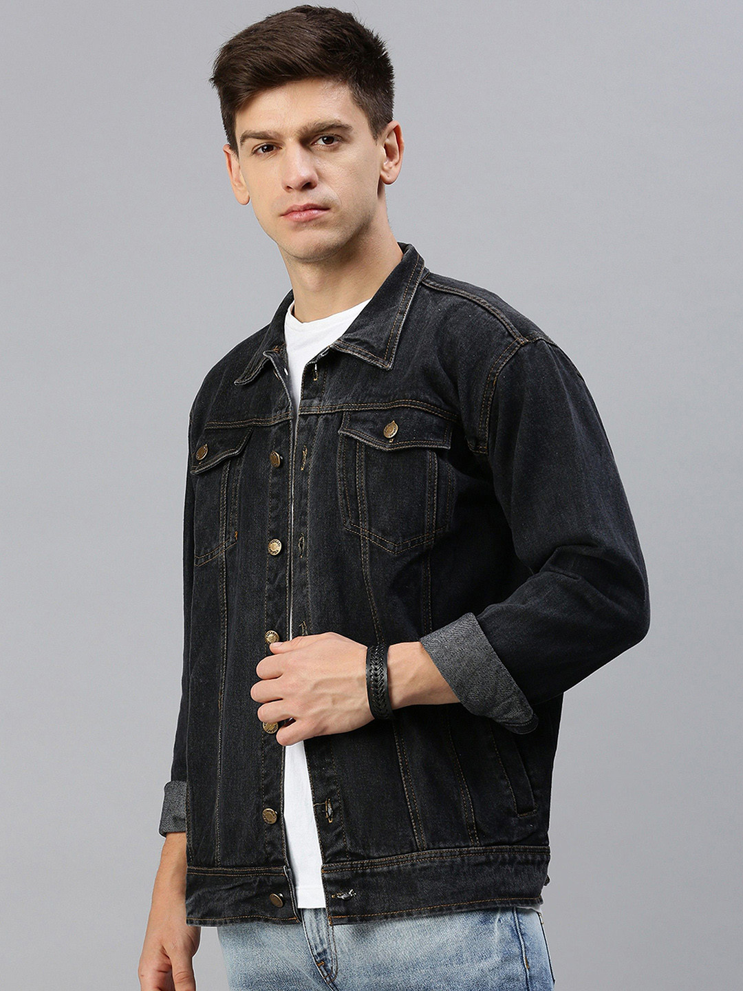 Black Washed Spread Collar Denim Jacket with Embroidered