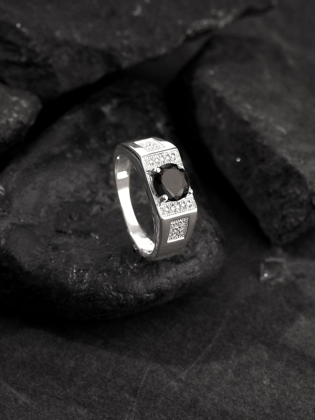 GIVA 925 Silver Rhodium-Plated Stones Studded Gentle Harmony Finger Ring For Him