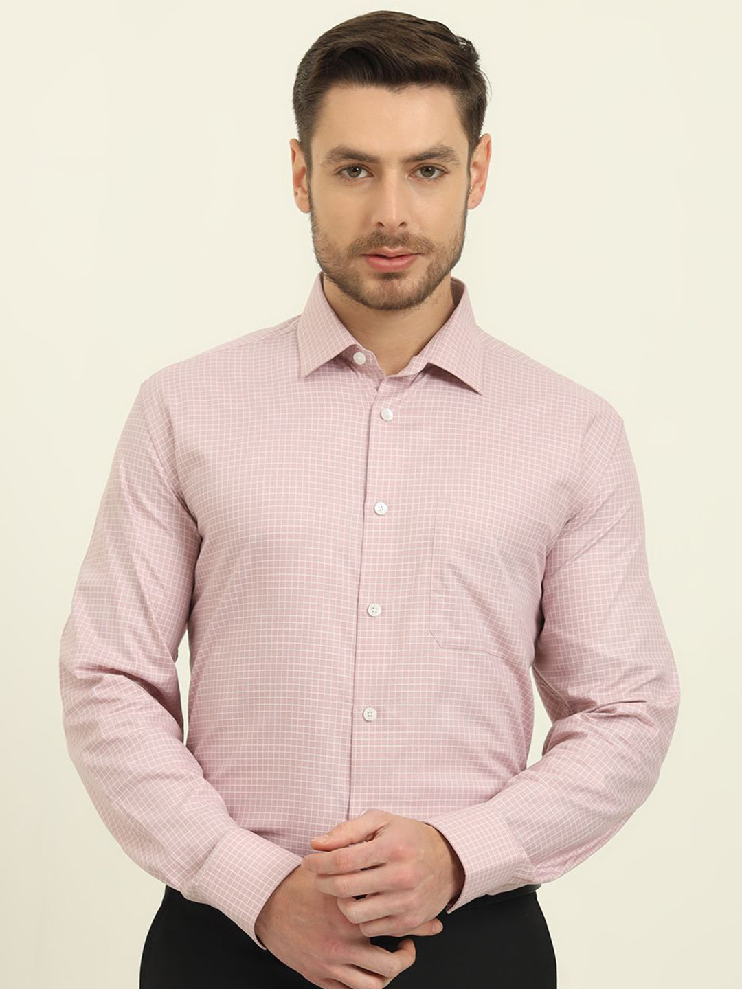 JADE BLUE Micro Checks Printed Opaque Formal Cotton Shirt