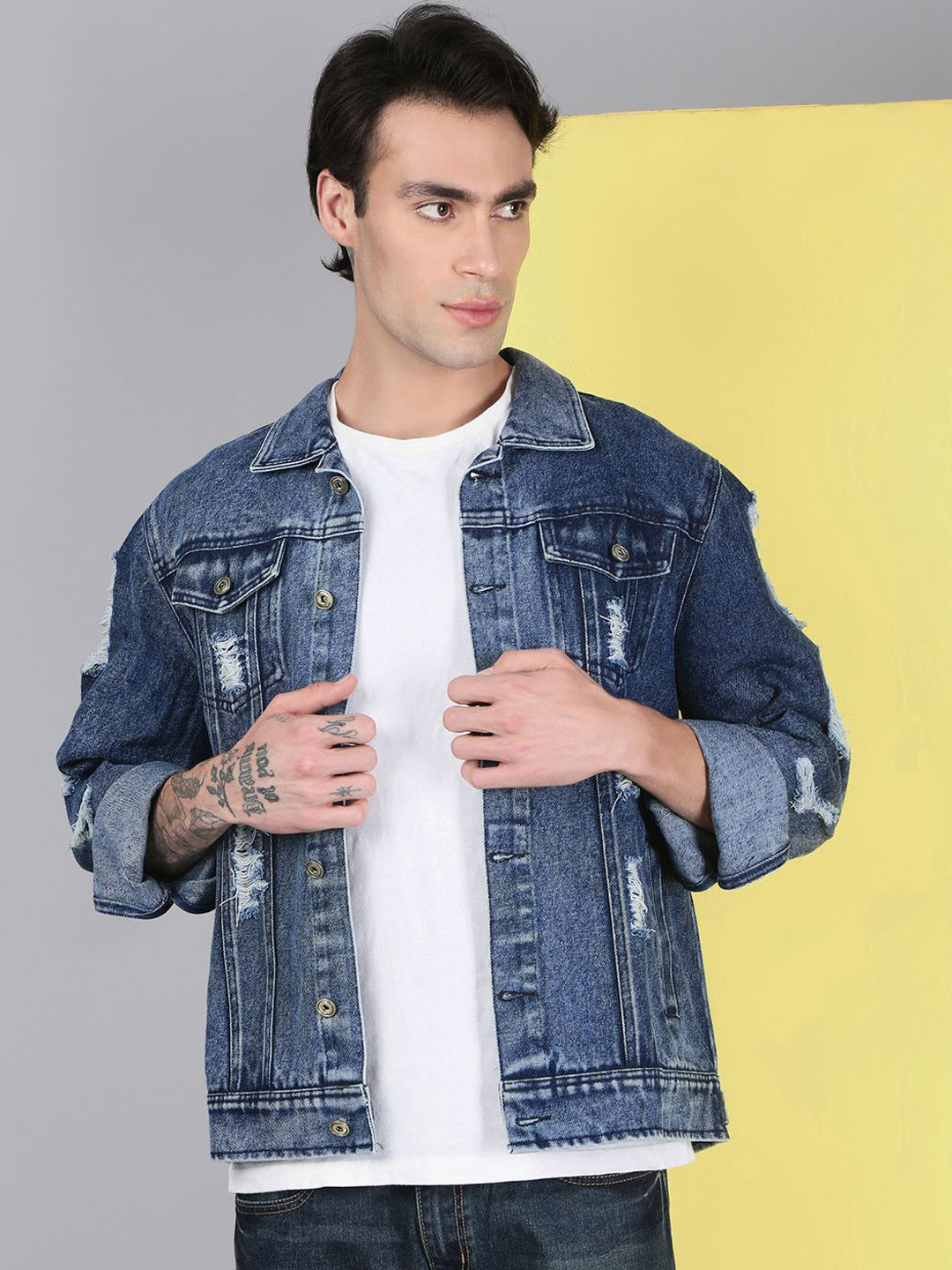 VOXATI Washed Printed Spread Collar Denim Jacket