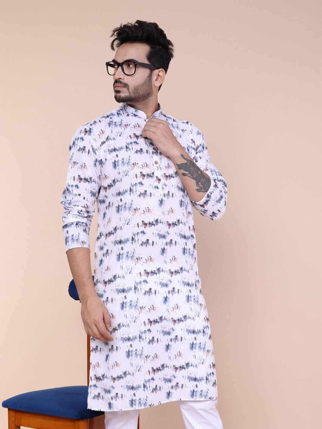 W & G Abstract Printed Cotton Mandarin Collar Straight Long Kurta