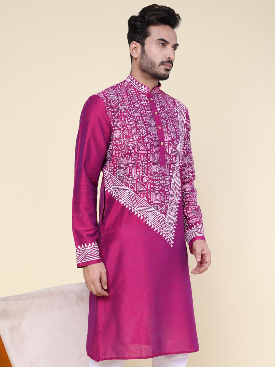 W & G Ethnic Motifs Block Printed Cotton Mandarin Collar Straight Long Kurta