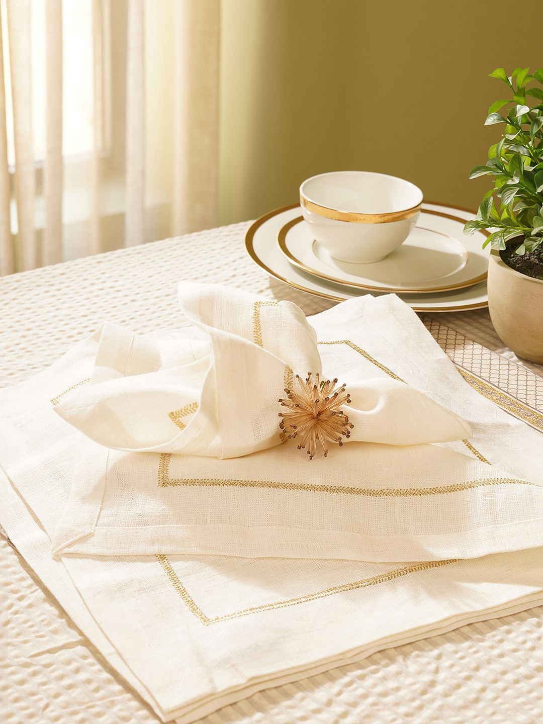 Pure Home and Living Off-White 4 Pieces Zari Embroidered Linen Square Table Napkins