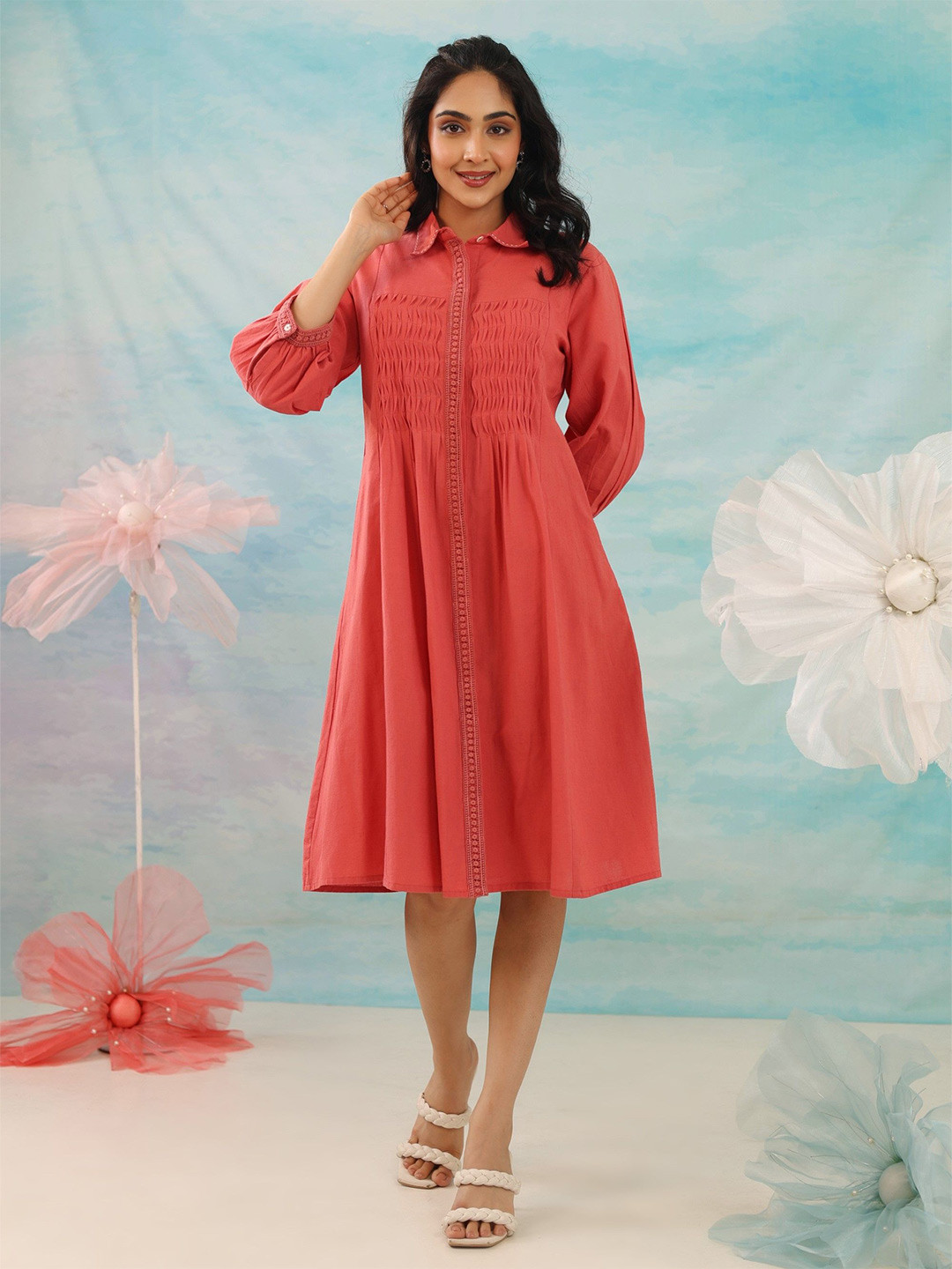 AUTUMN LANE Purna Apricot Self Design Mandarin Collar Knee Length Fit & Flare Dress