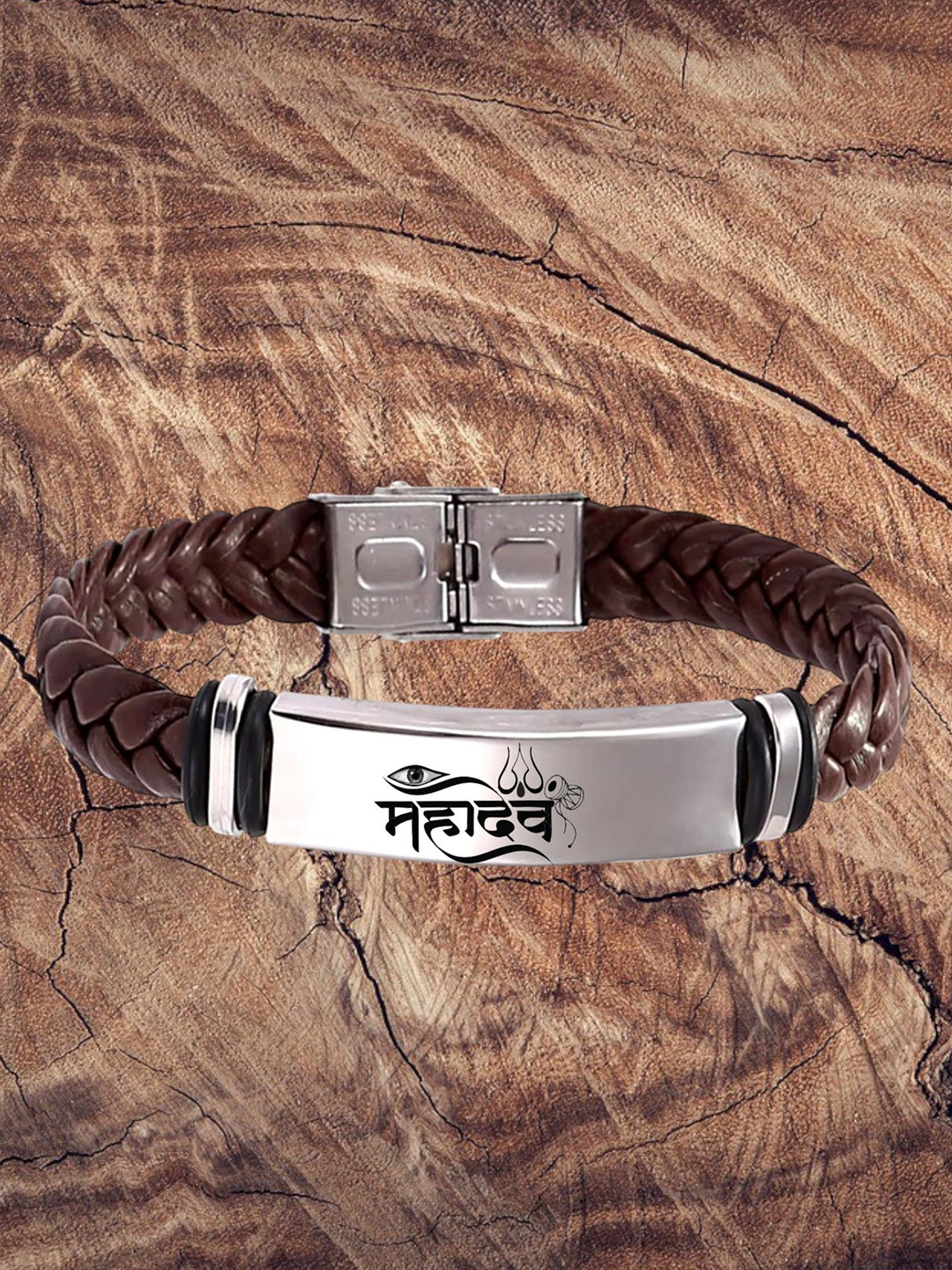 M Men Style Men Leather Silver-Plated Mahadev Braided Wraparound Bracelet