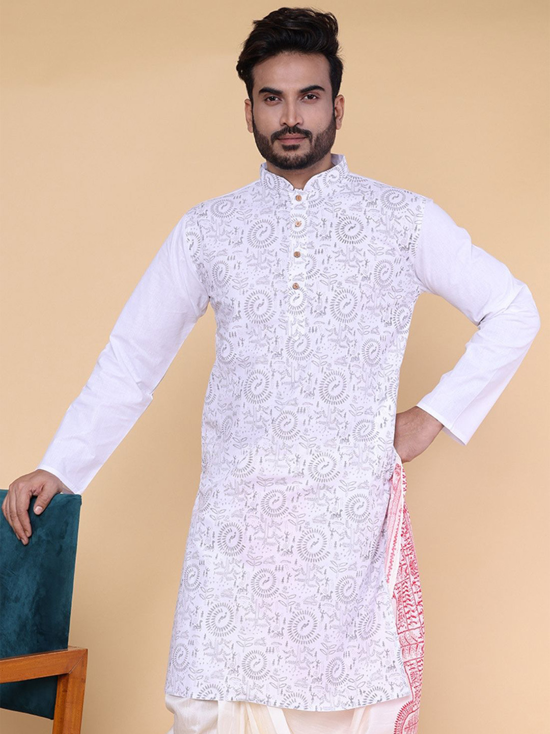 W & G Tribal Madhubani Art Printed Mandarin Collar Cotton Straight Long Kurta