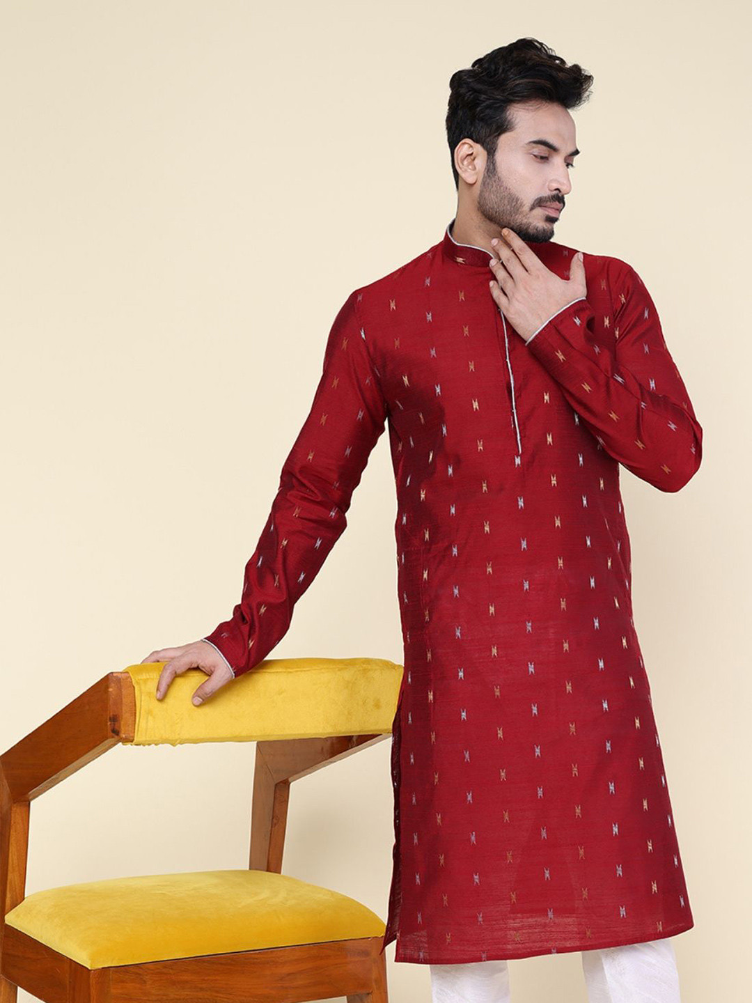 W & G Silk Geometric Woven Design Mandarin Collar Straight Long Kurta