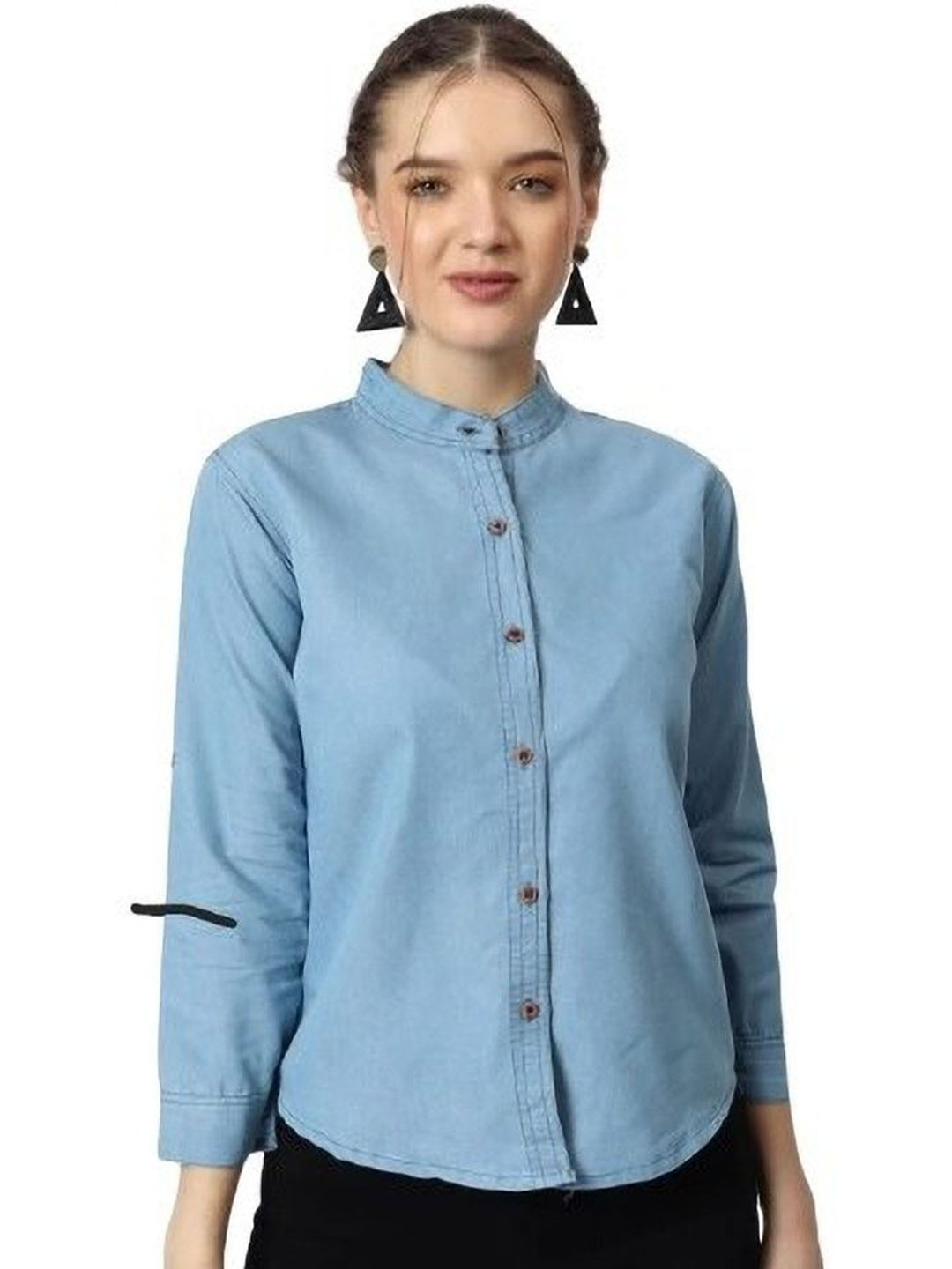 GIRLS WITH WINGS Band Collar Casual Denim Shirt