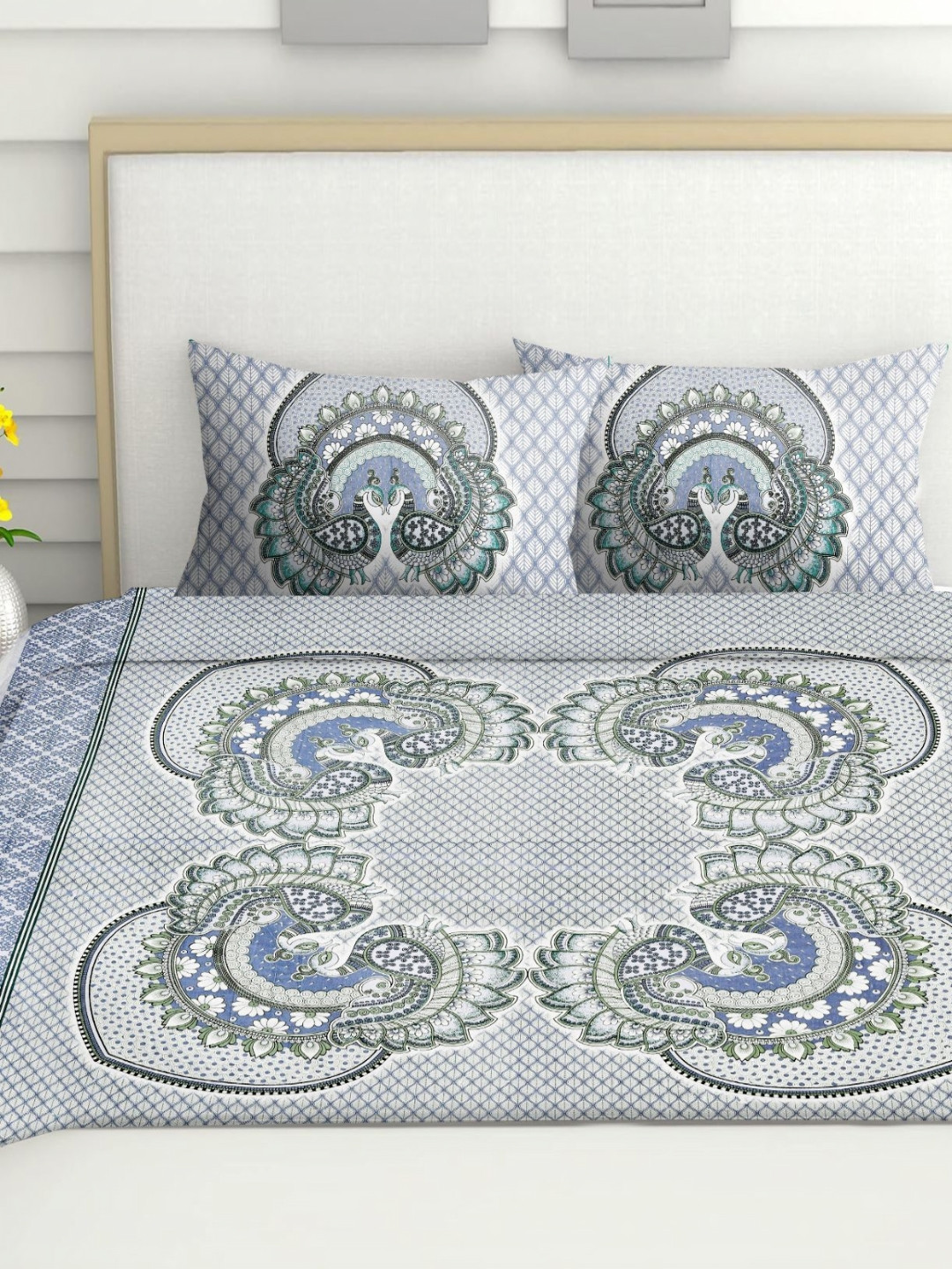 Spangle White & Blue Printed Cotton 260 TC King Bedsheet Sets - 2.74 m x 2.54 m