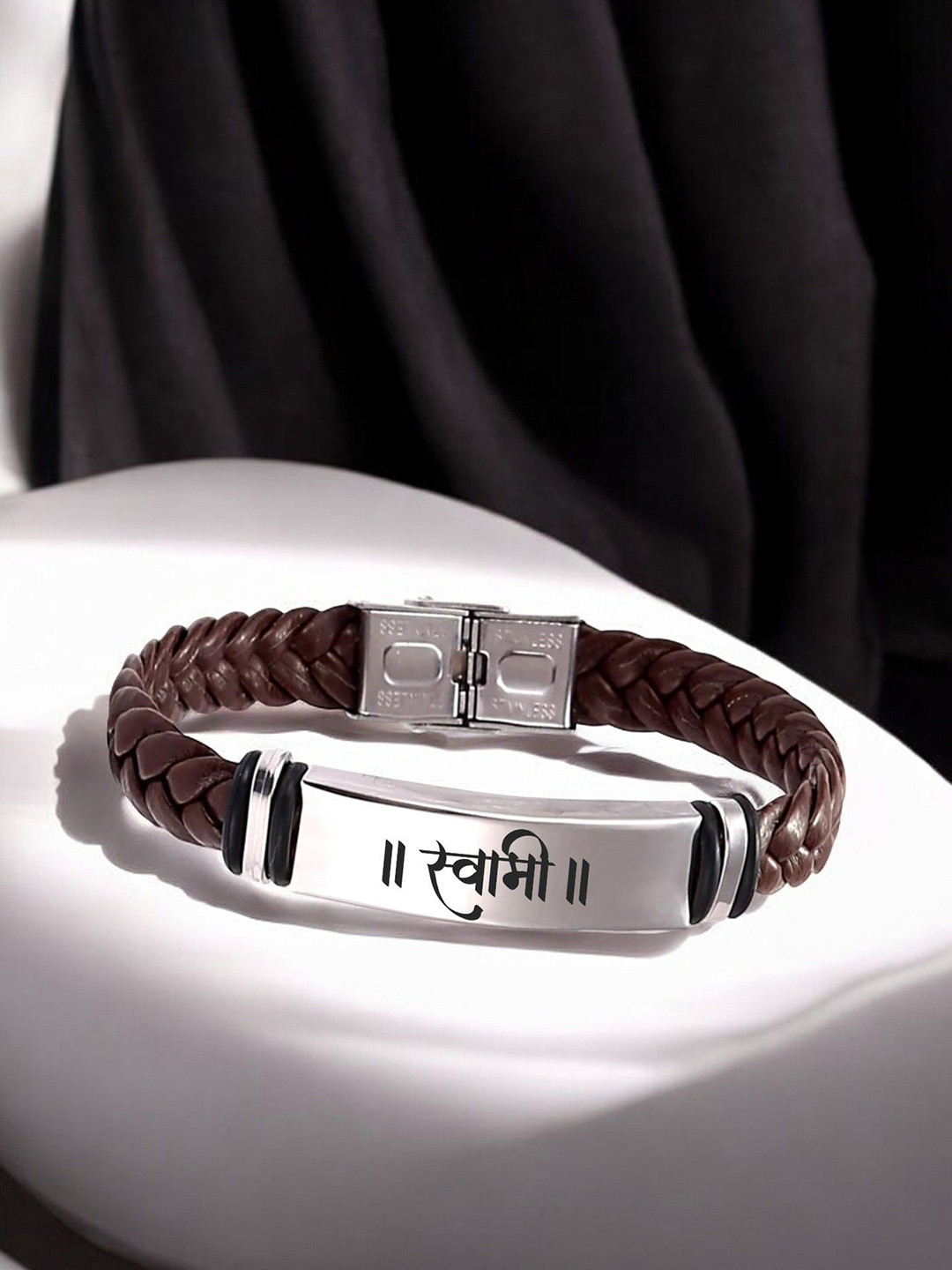 M Men Style Men Leather Silver-Plated Swami Braided Wraparound Bracelet