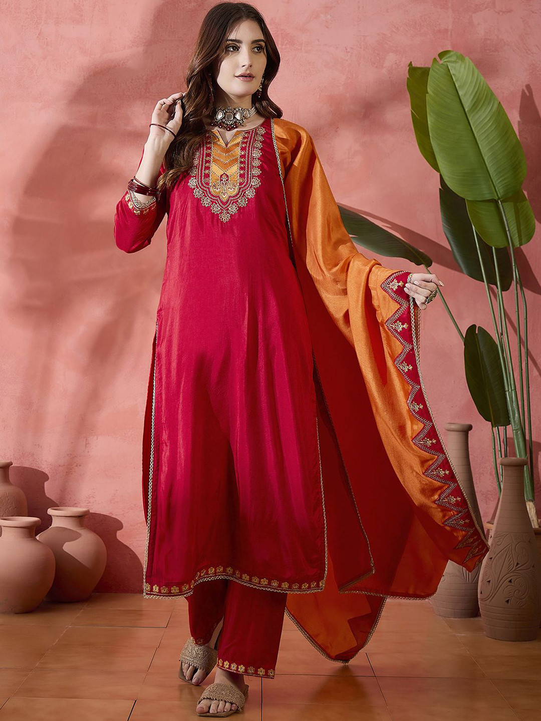 Sangria Embroidered Sequence Straight Kurta & Trouser With Dupatta