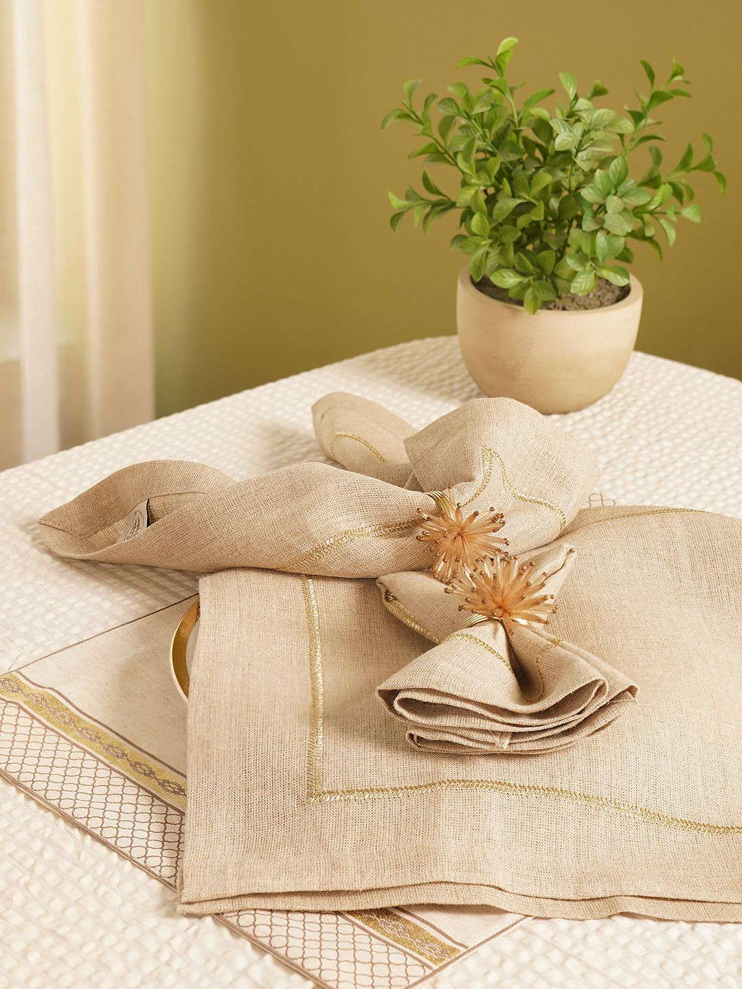Pure Home and Living Beige 4 Pieces Zari Embroidered Linen Square Table Napkins