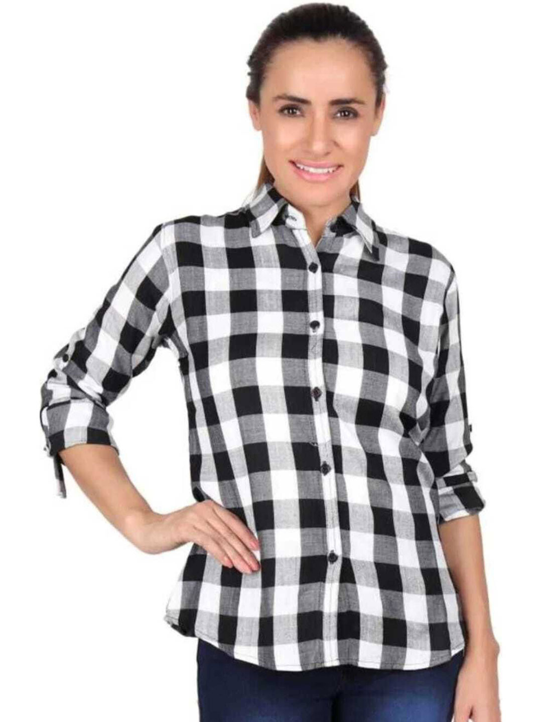 GIRLS WITH WINGS Checked Spread Collar Roll-Up Sleeves Cotton Casual Shirt