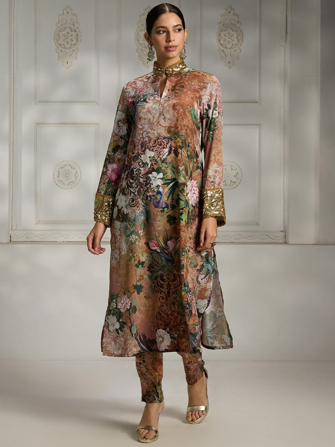 Rivaar By Rocky Star Women Floral Printed Regular Sequinned Kurta with Palazzos