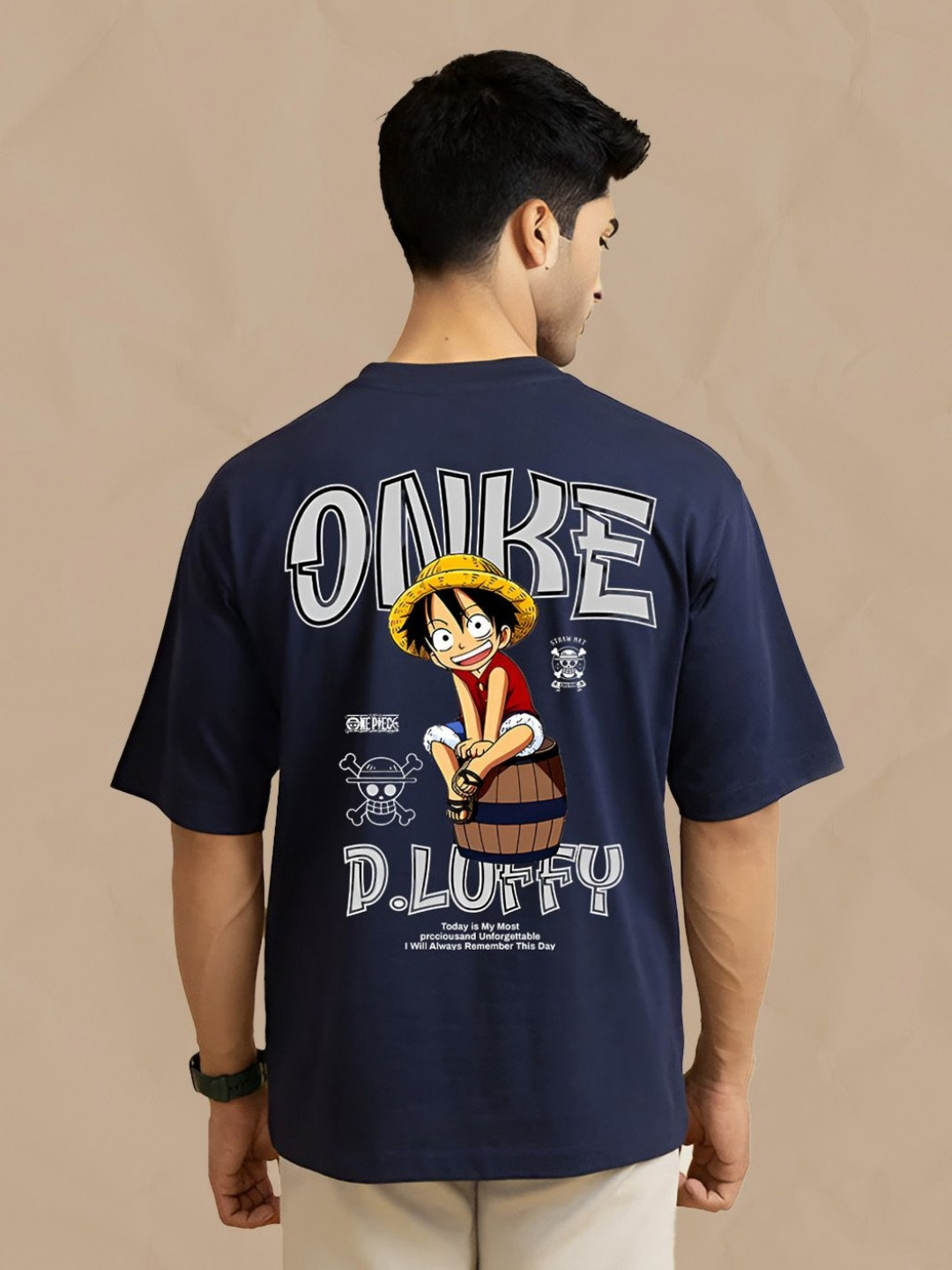 BDSQUARE D Luffy Typography Printed Bio-Wash Oversized Cotton T-shirt