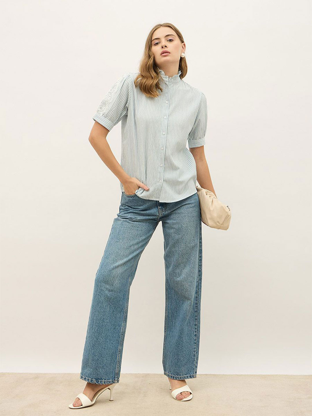 Styli Women High Neck Lace Detail Textured Stripe Shirt