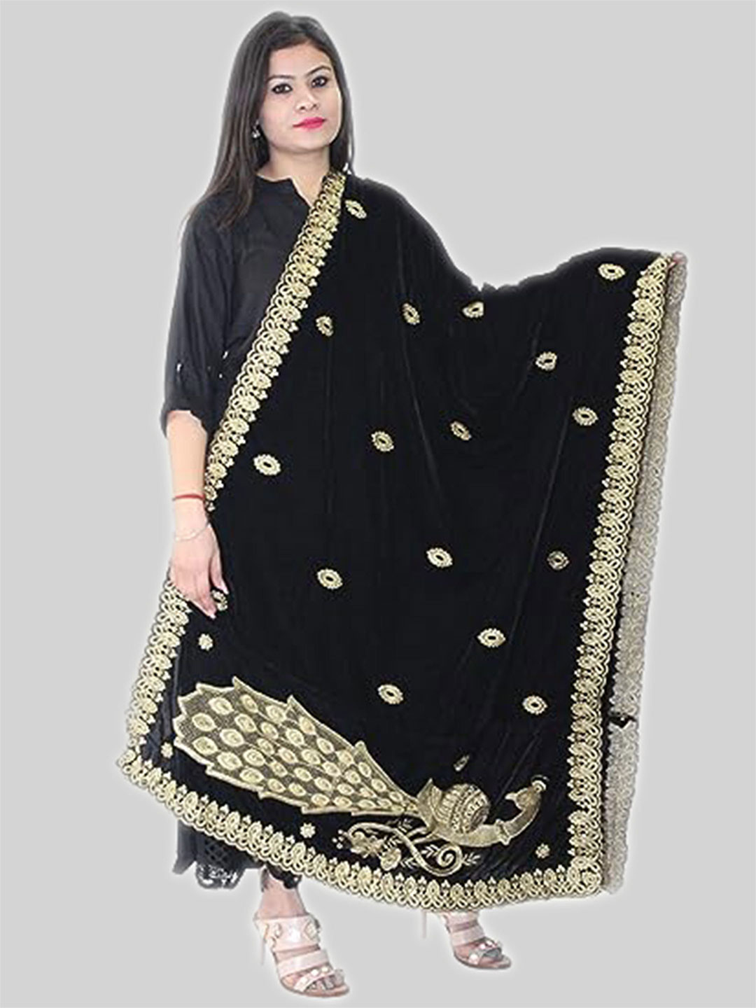 HAUTEMODA Peacock Motif Embroidered Thread Work Velvet Dupatta