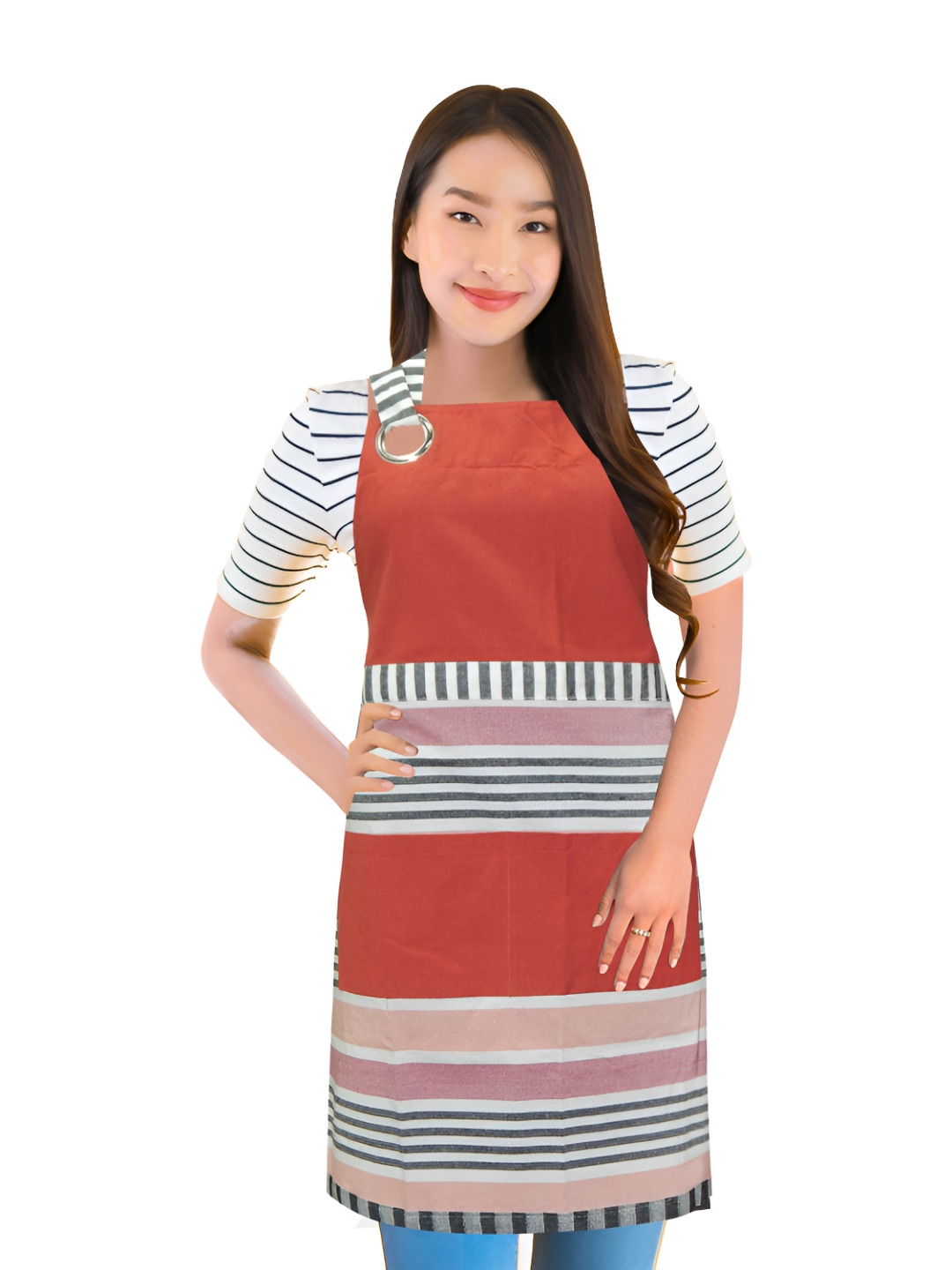 HOME COLORS.IN Brown & White Striped Cotton Apron With Front Pocket