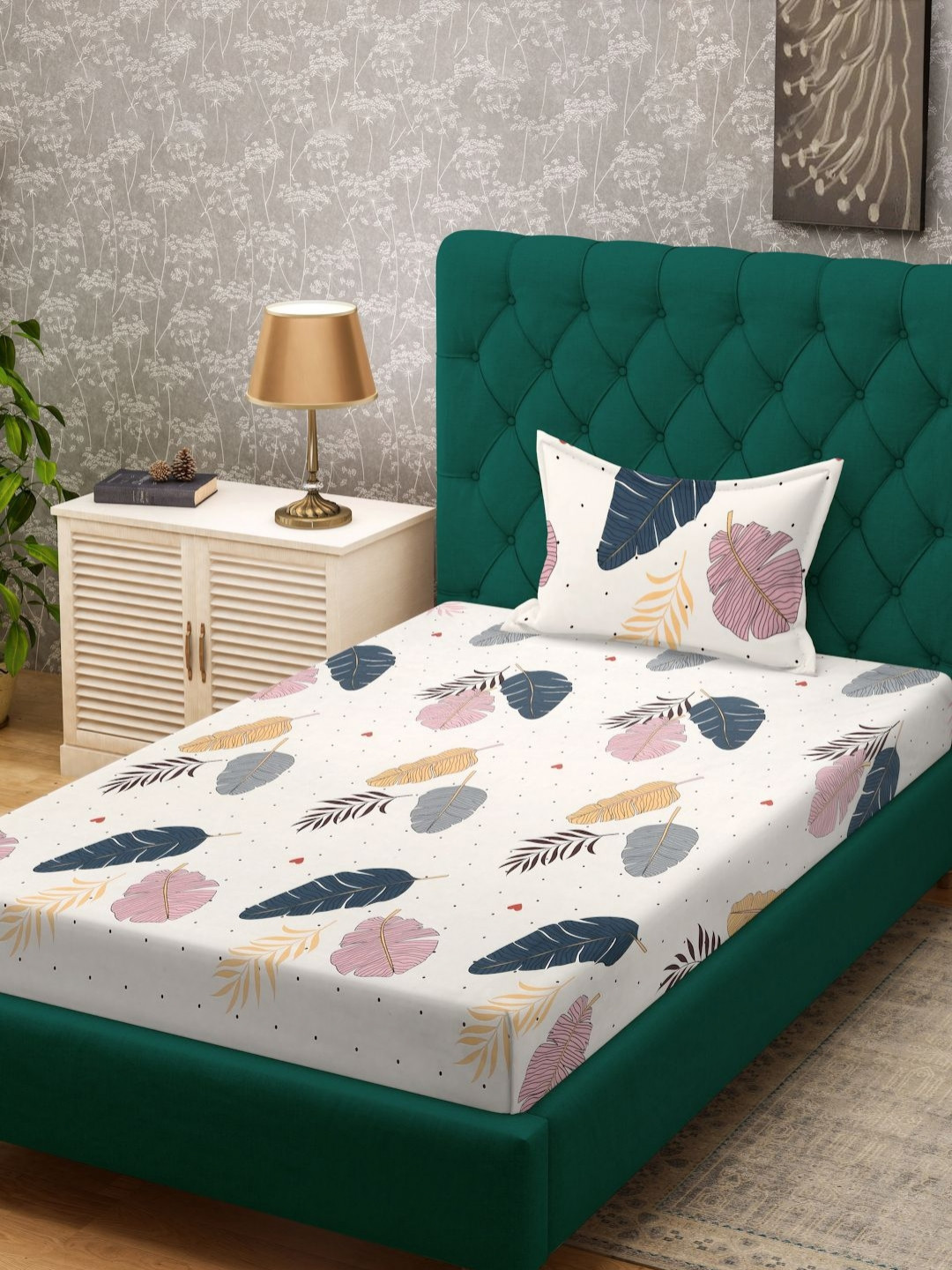 KLOTTHE Book Fold Cream Leaf Cotton Soft Feel 300 TC Double Fine Bedsheet with a Pillow Cover-98 x 89 inches