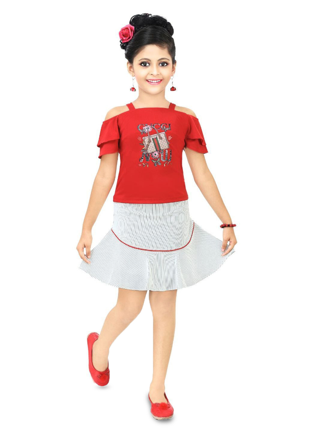Fessist Girls Printed Shoulder Straps T-shirt With Skirt