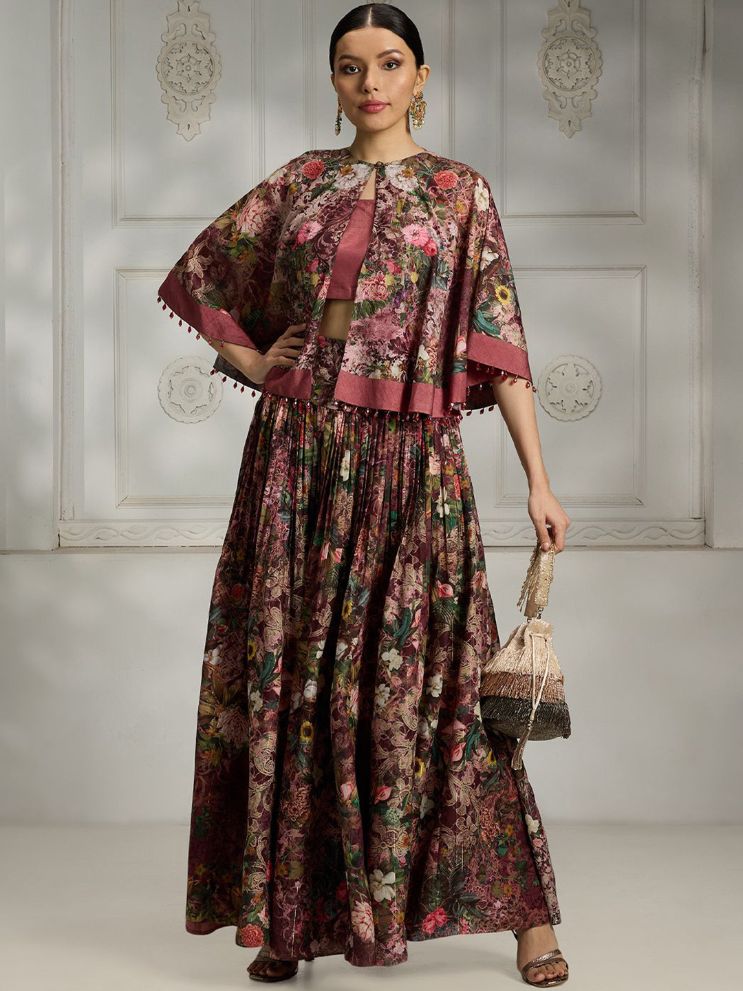 Rivaar By Rocky Star Round Neck Top With Cape & Skirt