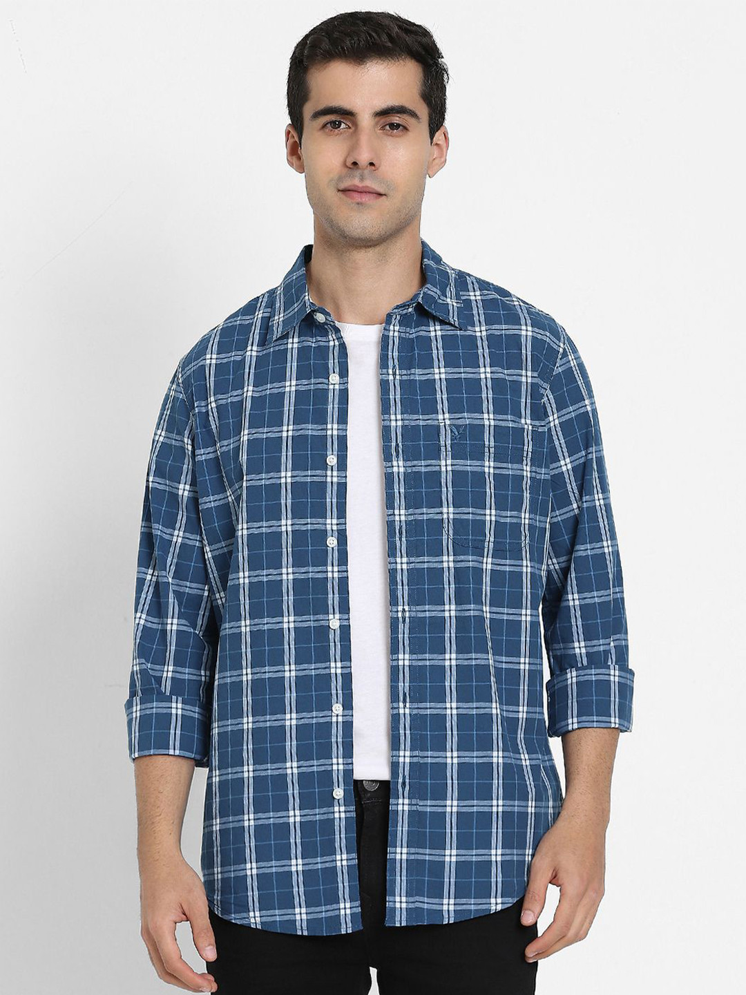 AMERICAN EAGLE OUTFITTERS Tartan Checked Spread Collar Button-Up Pure Cotton Shirt