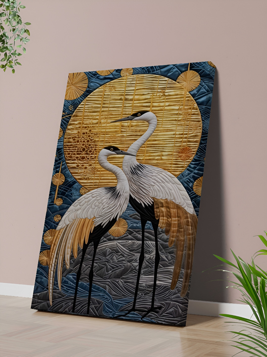 Myntra Elegant Homes Blue & Yellow  Japanese Crane Printed Canvas Wall Art