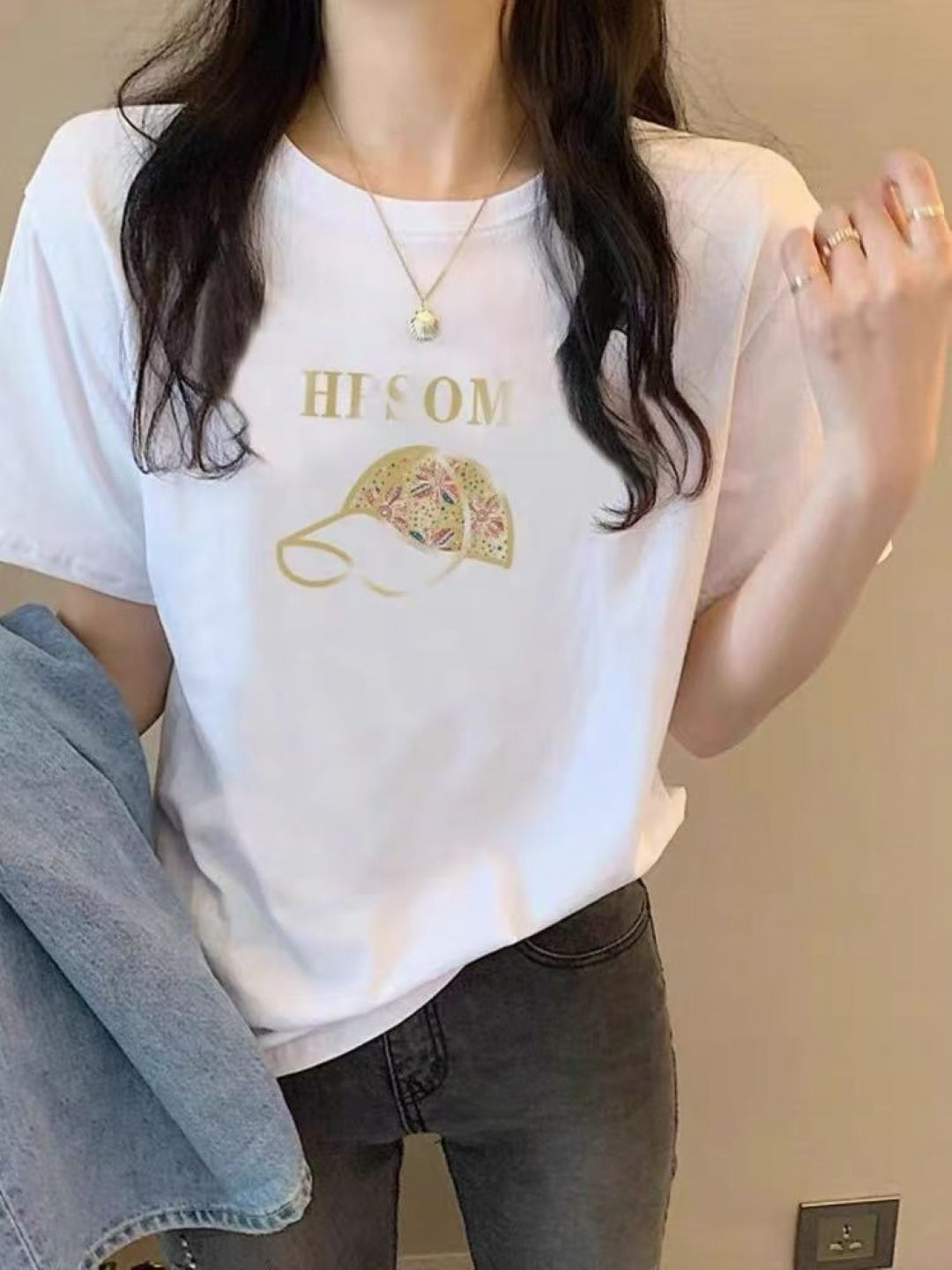 StyleCast White & Gold Toned Graphic Printed Oversized Cotton T-shirt