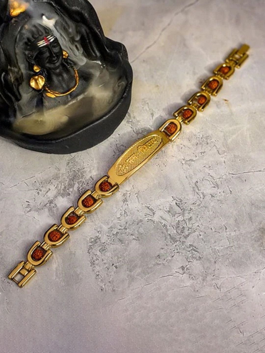 LAKSH Men Gold-Plated Artificial Beaded Stainless Steel Shiv Rudraksh Link Bracelet