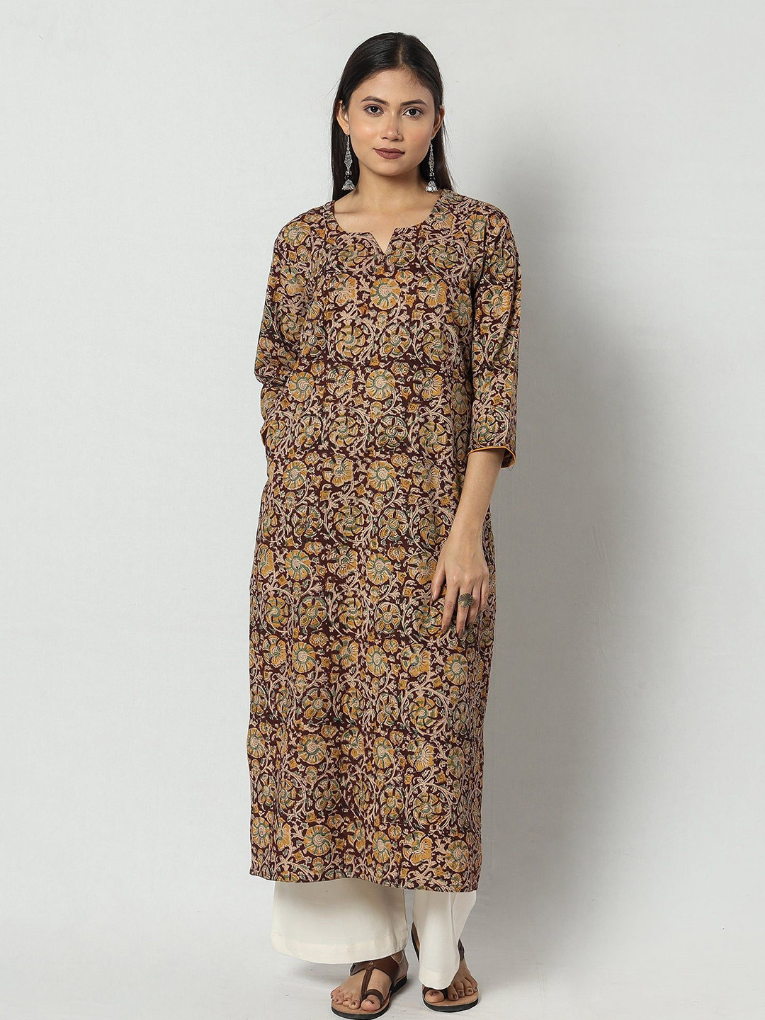 iTokri Kalamkari Block Printing Notch-Neck Cotton Straight Kurta