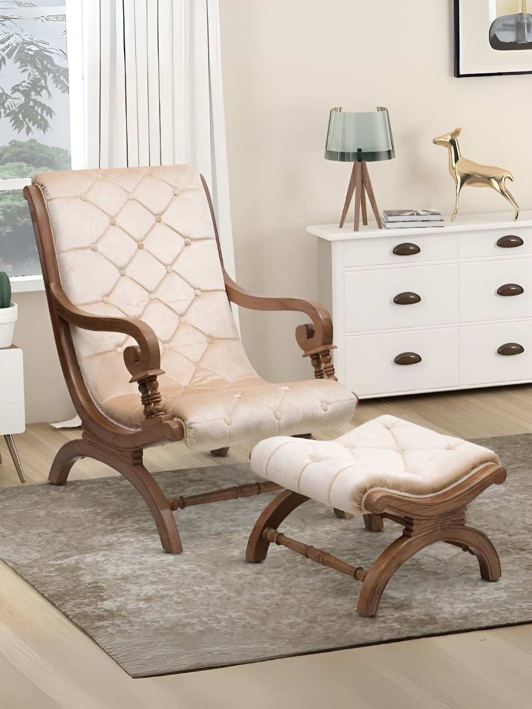 DZYN Furnitures Brown & Beige Upholstered Aaram Chair With FootRest